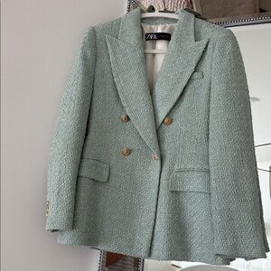 Zara women tweed textured double breasted blazer sea green small